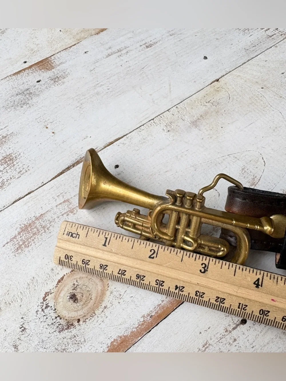 Vintage Baron solid Brass belt Buckle cornet trumpet music band 70s sz 34 belt